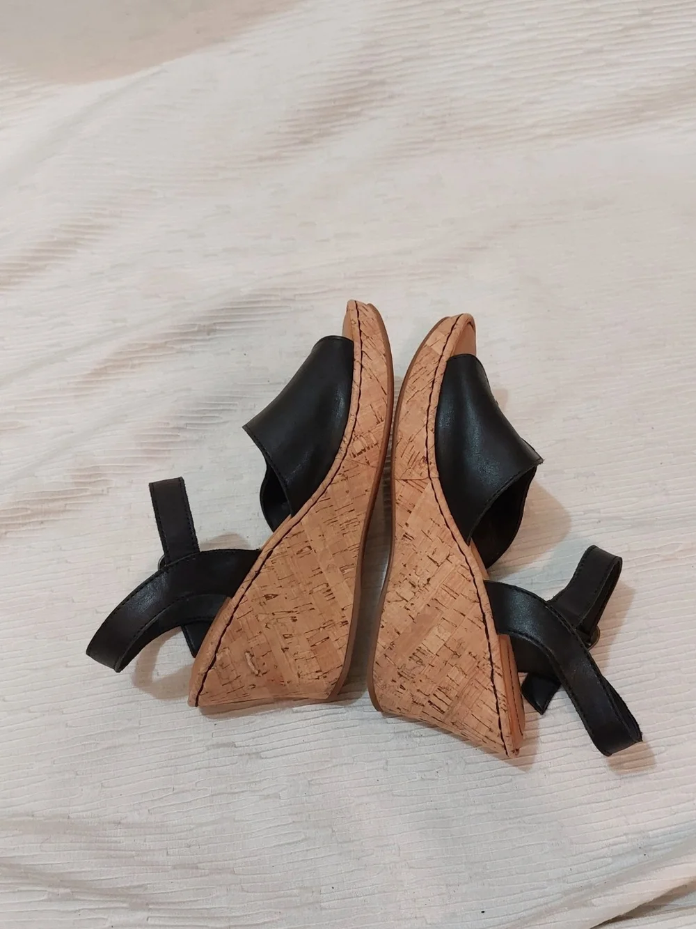 Born Black Leather Wedge Sandals with Cork Heel Women's Size 10M